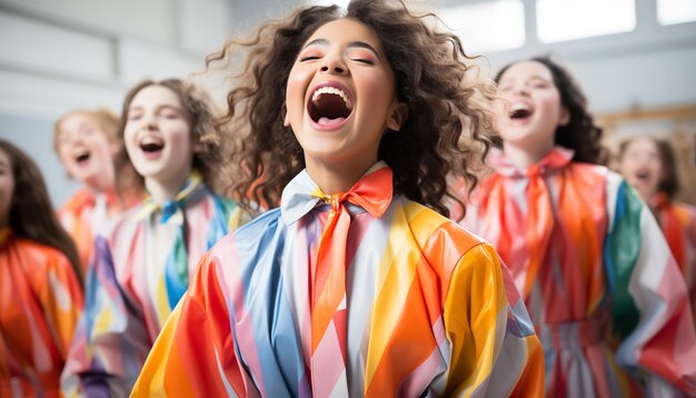 Photo a cheerful group of children dancing celebrating success in school generated by ai