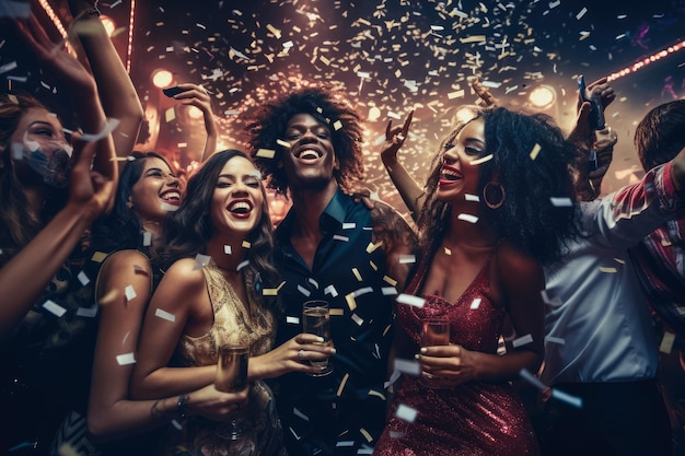 A cheerful group of friends enjoy new year party at nightclub comeliness