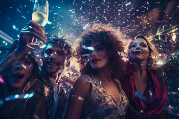 A cheerful group of friends enjoy new year party at nightclub comeliness