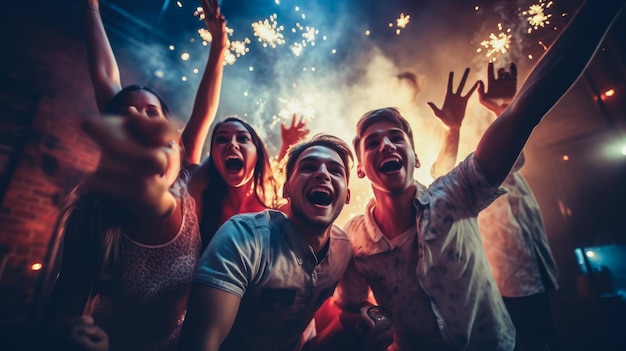 A cheerful group of friends enjoy new year party at nightclub comeliness