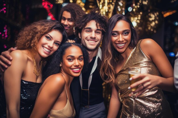 A cheerful group of friends enjoy new year party at nightclub comeliness