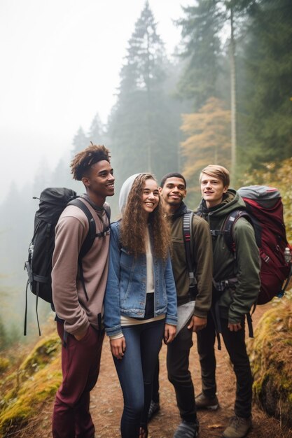 Cheerful group of friends with backpacks for hike walking through forest exploring nature in summer