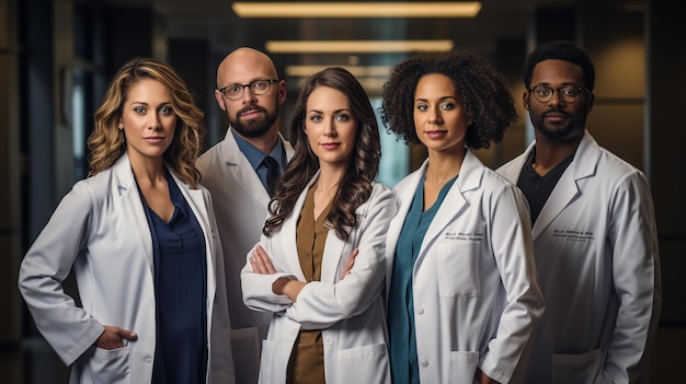 A cheerful group of medical professionals in a hospital setting