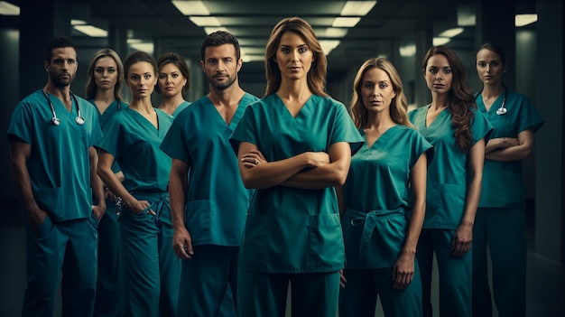 A cheerful group of medical professionals in a hospital setting