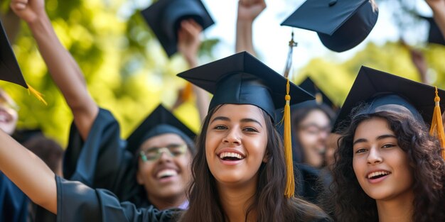 Cheerful Group Of Students Celebrating Their Graduation With Mortar Boards