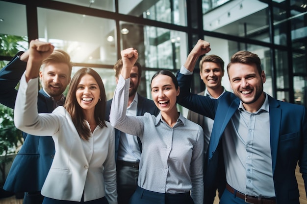 Foto un gruppo allegro di colleghi di lavoro che festeggia il successo aziendale nell'ufficio della start-up