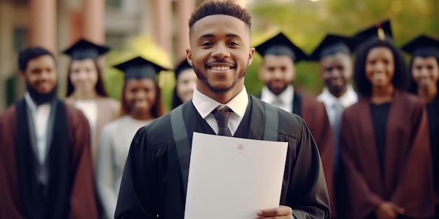 Cheerful guy in graduation suit showing diploma and smiling