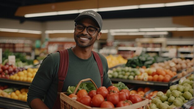 Cheerful guy in the market finding delight in his grocery experience