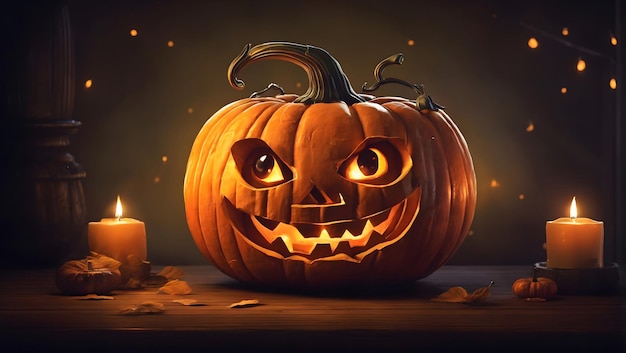A cheerful Halloween pumpkin with a toothy smile and a glowing jackolantern face illustration