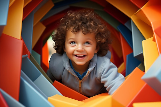 Foto bambino allegro e felice che gioca con gioia con mattoni dai colori vivaci