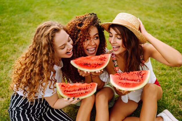 Cheerful happy friends camping on the grass eating watermelon laughing