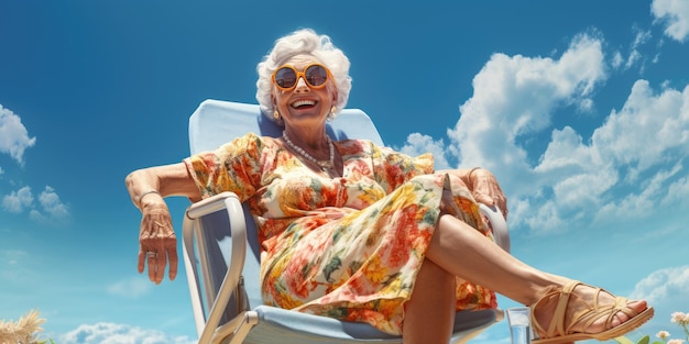 Cheerful and happy Grandmother is resting on the beach in a sun lounger Generative AI