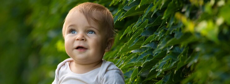 A cheerful and happy little boy is sitting on a green lawn
