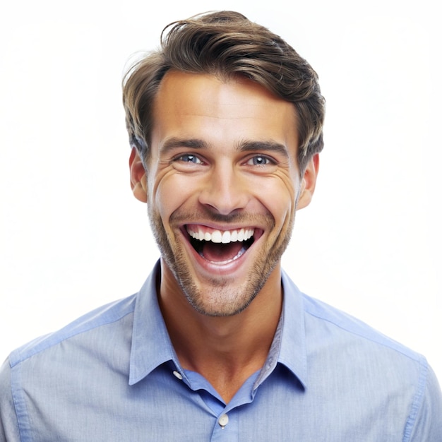 Фото Веселый счастливый человек на белом фоне портрет счастливого человека в восторге