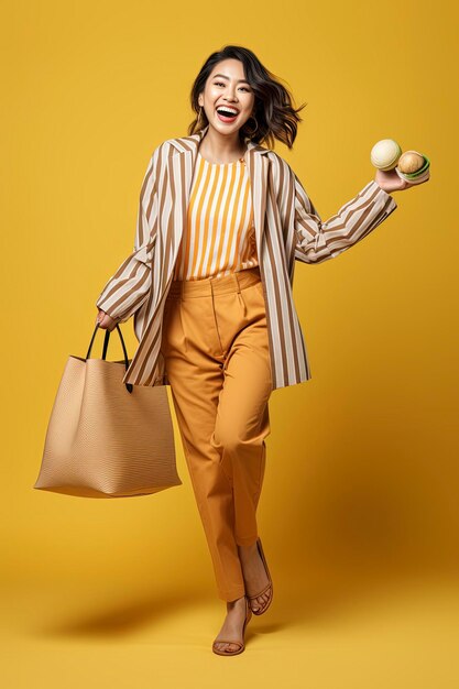 Cheerful happy thai asian woman enjoying shopping she is carrying shopping bags and celebration ful