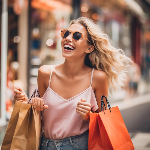 Foto una donna allegra e felice che si diverte a fare shopping ai generative