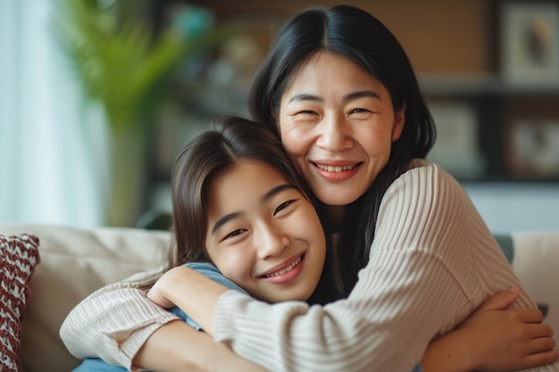 Cheerful happy young Japanese mother with teen daughter sitting on sofa at home Joyful woman parent with child girl hugging indoors Mothers day family relationship love and care concept