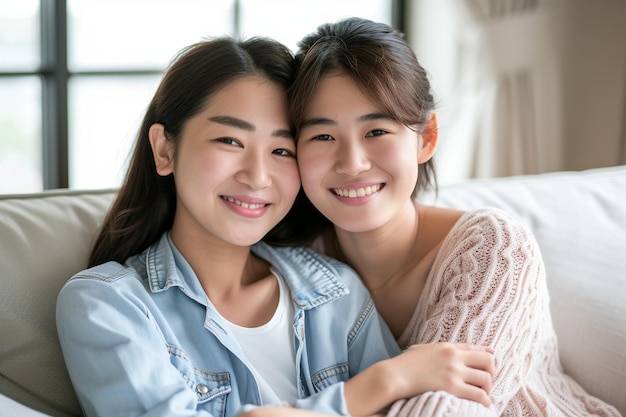 Cheerful happy young Japanese mother with teen daughter sitting on sofa at home Joyful woman parent with child girl hugging indoors Mothers day family relationship love and care concept