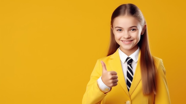 Cheerful happy young small schoolgirl make fingers thumbs up smile isolated on yellow color backgroundcreated with generative ai technology