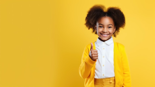 Cheerful happy young small schoolgirl make fingers thumbs up smile isolated on yellow color backgroundcreated with generative ai technology