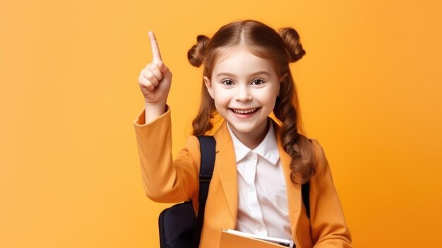 Cheerful happy young small schoolgirl points up with her index finger and standing in front of isolated pale orange backgroundcreated with generative ai technology