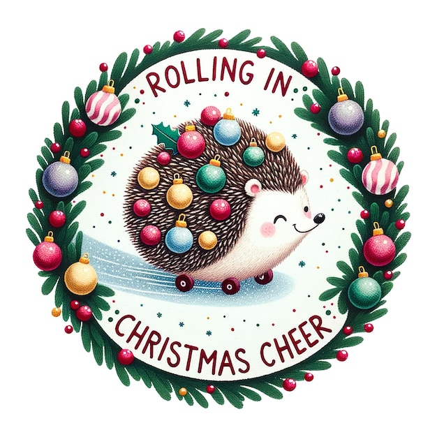 A cheerful hedgehog adorned with colorful Christmas ornaments rolling joyfully festive decorations