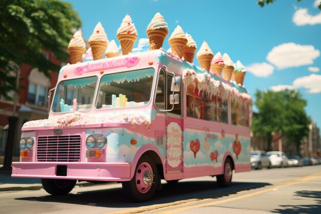Photo cheerful ice cream truck on a hot summer generative ai