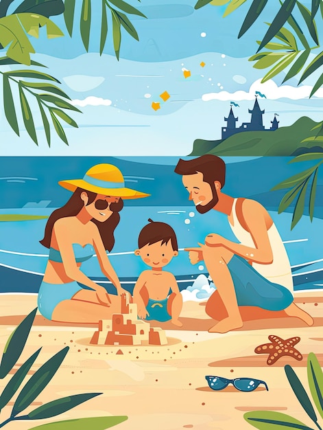 A cheerful illustration of a family enjoying a sunny day at a tropical beach with palm trees sand