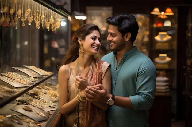 現代的な宝石店でショッピングを楽しんでいる陽気なインド人の美しい若いカップル