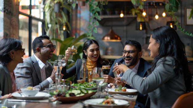 Cheerful Indian managers from different ethnic backgrounds enjoying a team lunch in a trendy office