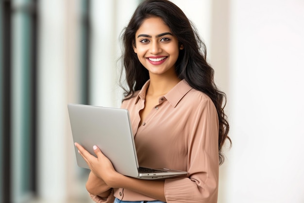 Cheerful Indian woman holding laptop