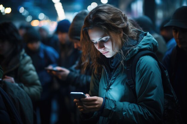 Cheerful individuals in a city using mobile devices at night