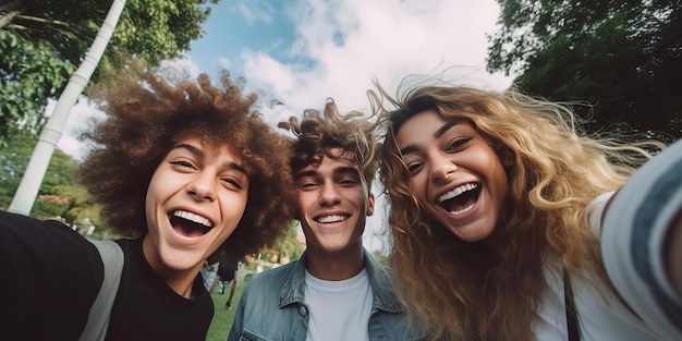 Cheerful international friends teenagers taking selfie while walking in summer park happy memories concept