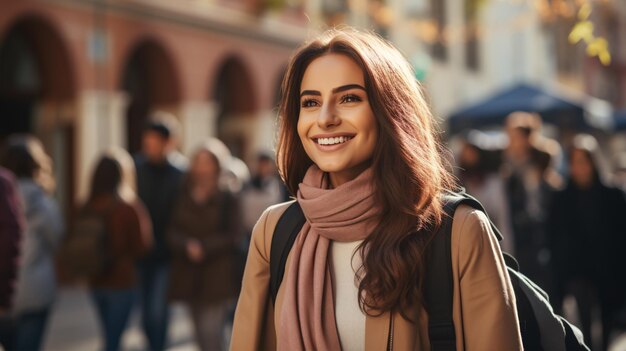 Cheerful Jew Female Student With Smartphone Standing Outdoors Education concept