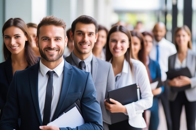 Cheerful job applicants standing in a waiting area