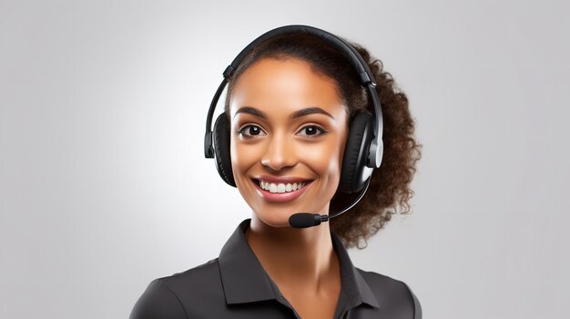 A cheerful joyful call center woman is seen in this portrait against a white backdrop Generative AI