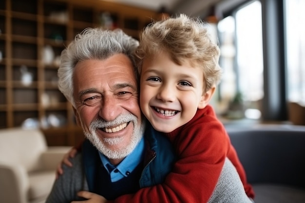 Cheerful kid boy hugging grandfather at home