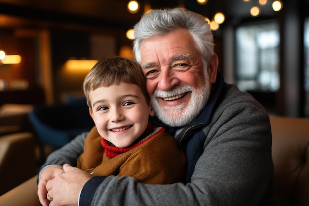 Cheerful kid boy hugging grandfather at home