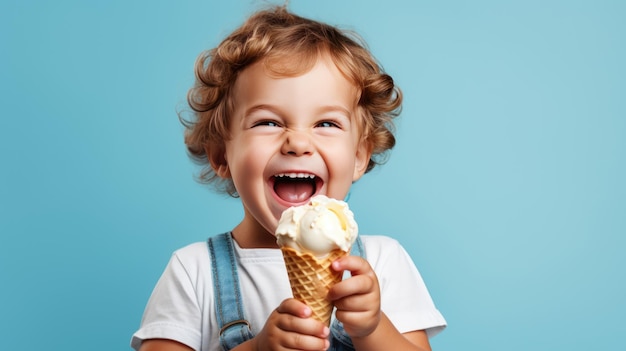 Cheerful kid eating ice cream in waffle cone isolated on blue