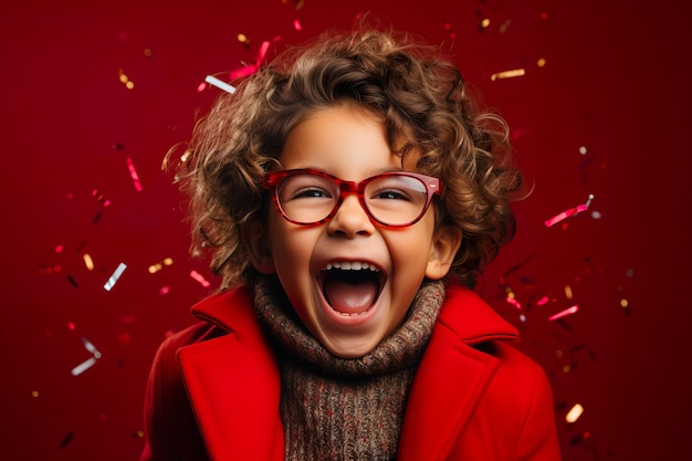 Photo a cheerful kid in winter sweater surrounded by falling confetti on a minimal color background