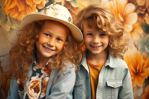 Cheerful kids enjoying friendship against a floral backdrop