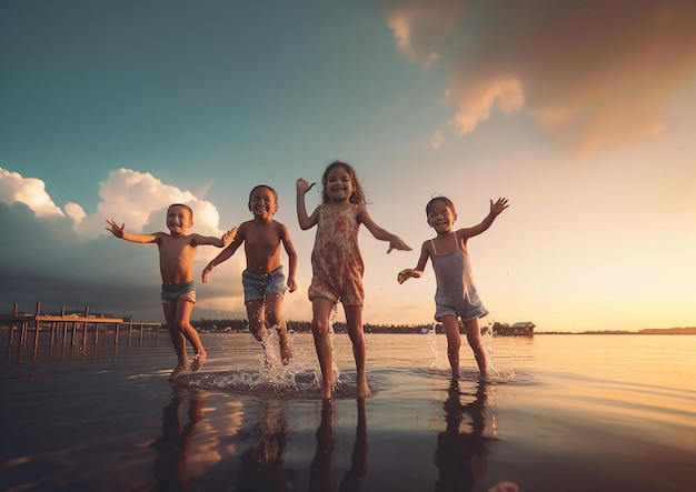 cheerful kids having fun together on beach at sunset