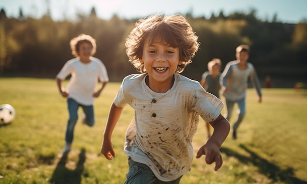 Cheerful kids playing football in the green park