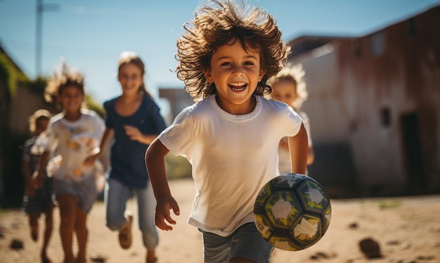 Веселые дети играют в футбол в деревне.