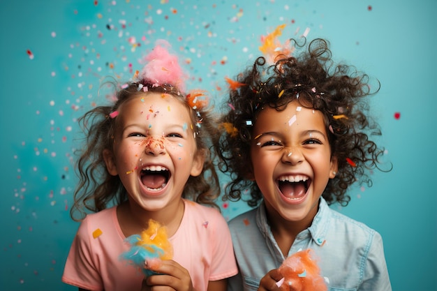 A cheerful kids surrounded by falling confetti on a minimal color background