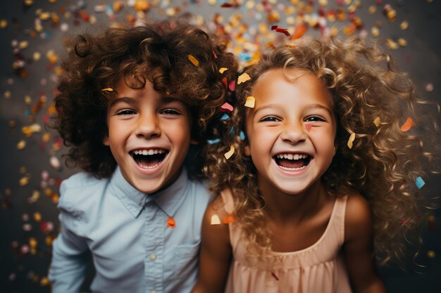 A cheerful kids surrounded by falling confetti on a minimal color background