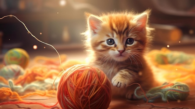 A cheerful kitten batting at a ball of yarn AI generated