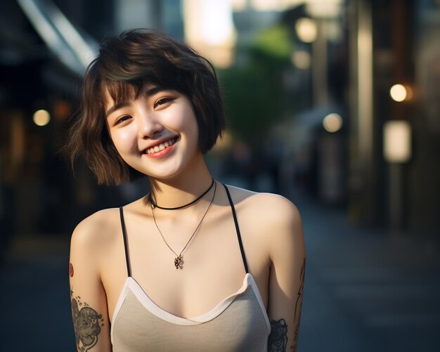 Cheerful korean girl with tattoo smiling to camera