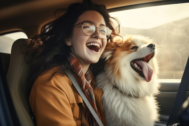 Cheerful lady and her furry friend start a thrilling road journey