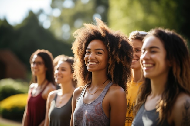 Cheerful lady in multiracial group doing yoga in park